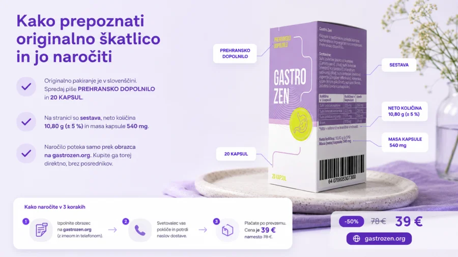 Gastro Zen — originalna škatlica z 20 kapsulami po 540 mg
